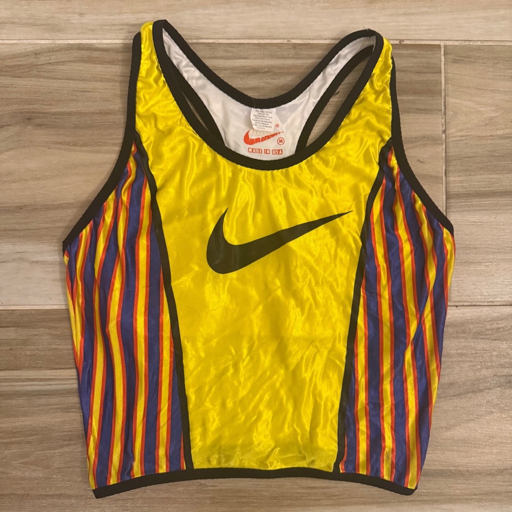 Vintage 90s Nike Center Swoosh Dazzle Tank Top Built In Bra Crop Medium USA